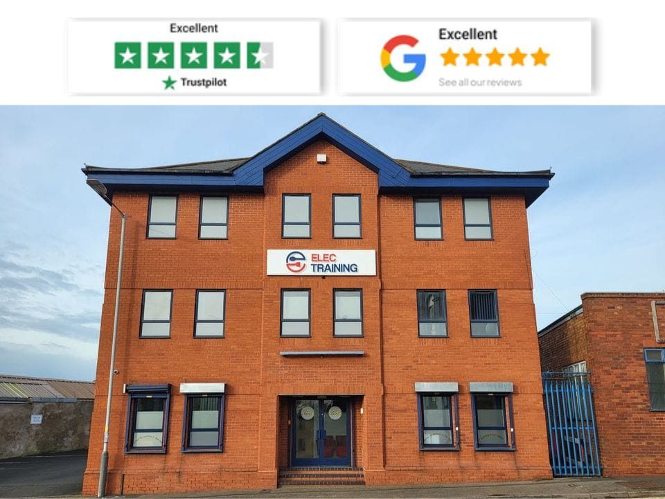 Brick building with Elec Training sign, plus Trustpilot and Google review banners